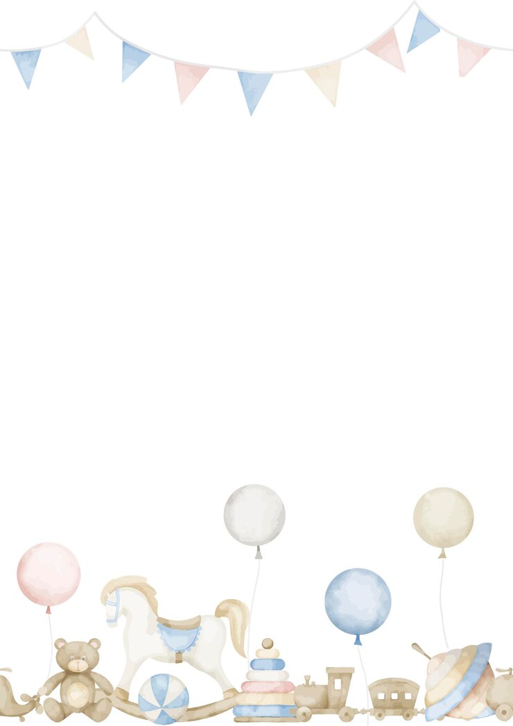 Vettore modello per biglietti d'auguri o inviti con baby toys reticolo senza giunte dell'acquerello con cavallo a dondolo e ghirlanda su sfondo isolato per cartoline cornice infantile verticale in colori pastello