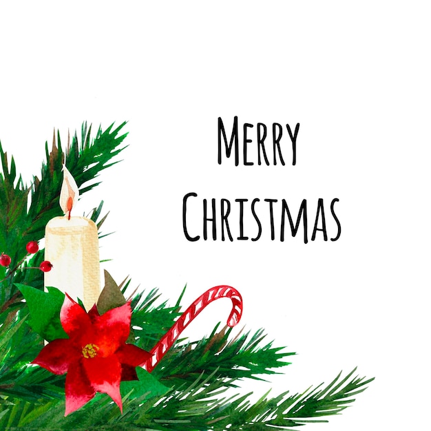 Modello per il testo di Natale con rami di abete stella di Natale e candela e caramelle Acquerello
