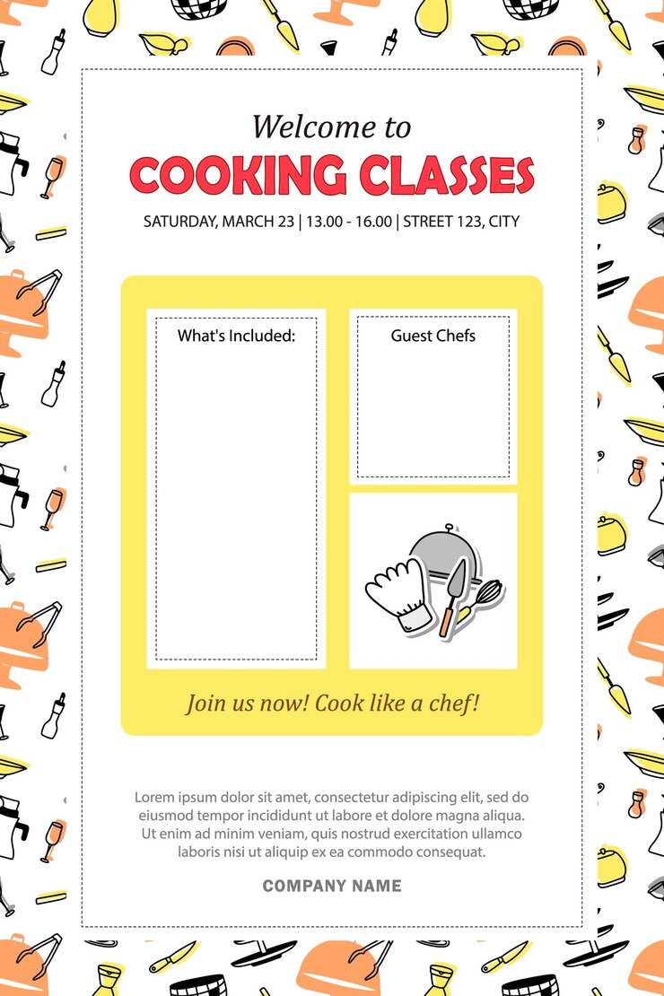 Vettore modello per invito a corsi di cucina. banner, poster con informazioni sui corsi di cucina