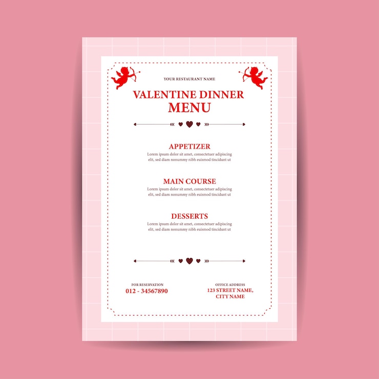 Vettore modello per menù della cena di san valentino
