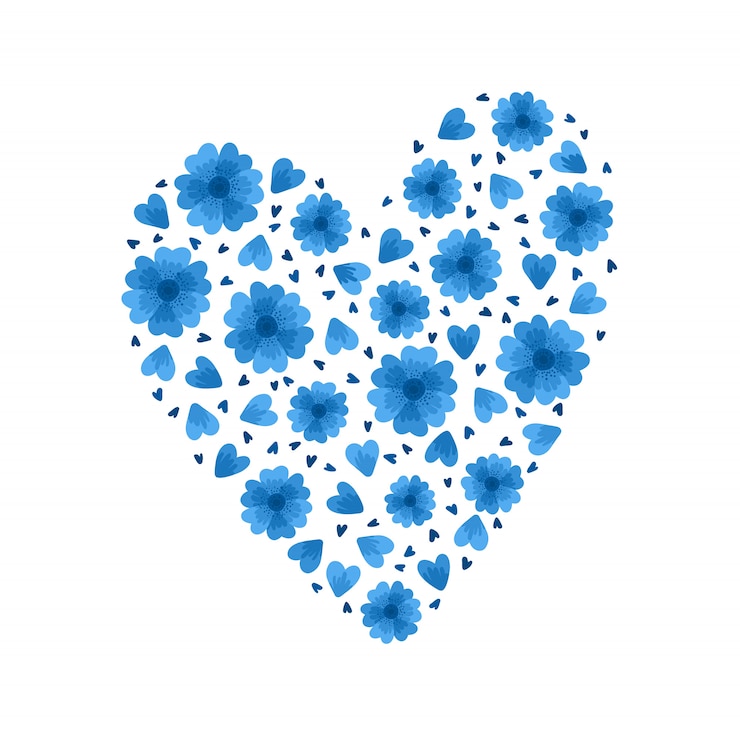Vettore modello piatto di cuori fiori blu. fiori e petali dei wildflowers su fondo bianco. illustrazioni piane degli elementi floreali decorazione isolata fiori