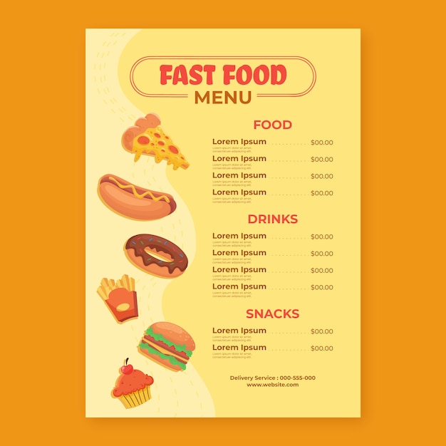 Modello piatto di menu fast food