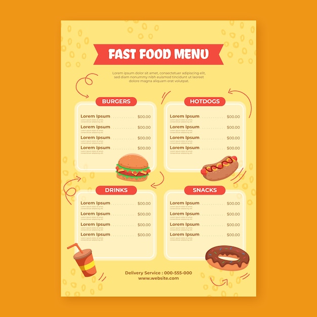 Modello piatto di menu fast food