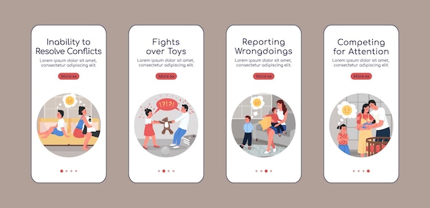 Modello piatto di vettore dello schermo dell'app mobile onboarding conflitto familiare. Problema di relazione. Sito Web completo 4 passaggi con personaggi. Creative UX, UI, interfaccia grafica per cartoni animati per smartphone, set di stampe di custodie