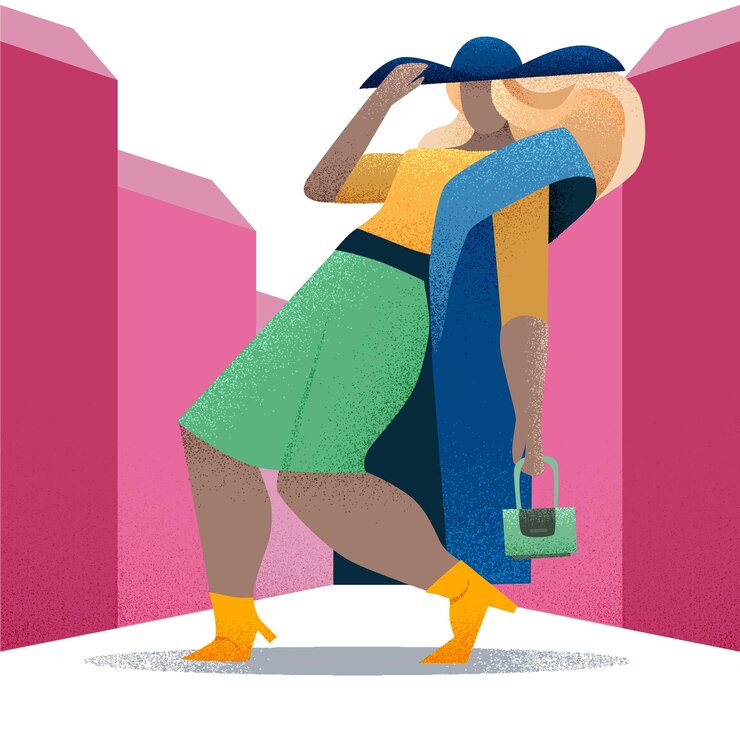 Vettore modello ragazza in posa per una rivista di moda professione illustrazione design piatto vettore particelle effetto grana