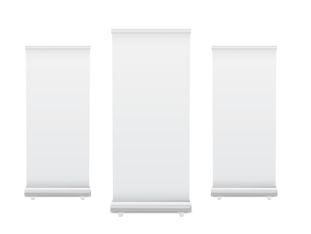 Modello realistico verticale del supporto del banner di roll up. Isolato .