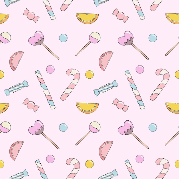 Modello rosa con caramelle dolci e lecca-lecca. Sfondo senza soluzione di continuità per la sartoria. Carta da parati per tessuti, carta da imballaggio.