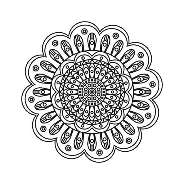 Modello rotondo ornamentale Mandala a contorno nero su sfondo bianco