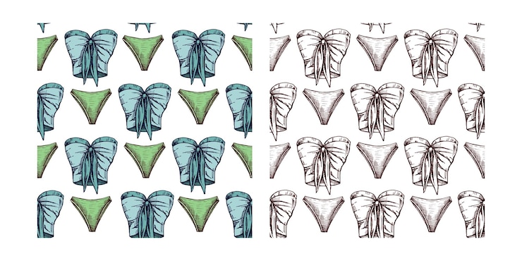 Vettore modello senza cuciture a mano disegnato a colori e monocromatico con bikini e corsetto in stile vintage