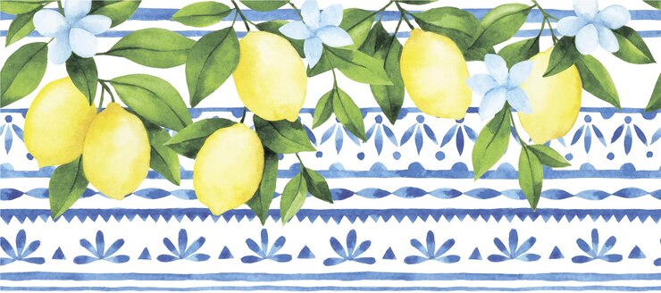 modello senza cuciture ad acquerello con piastrelle damasco blu e limoni maturi
