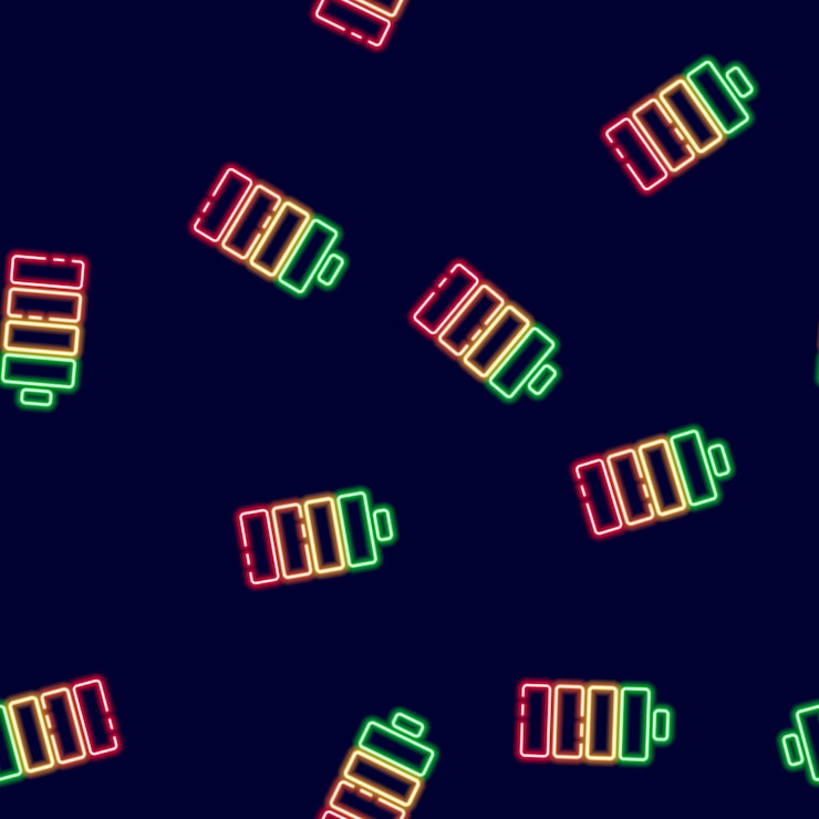 Vettore modello senza cuciture al neon della batteria sfondo luminoso del livello di carica