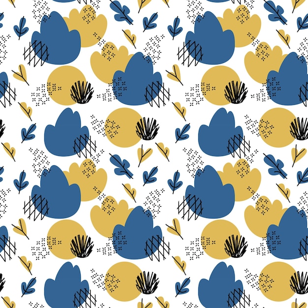 Modello senza cuciture astratto con cespuglio lascia fiori e cerchi Doodle e design piatto