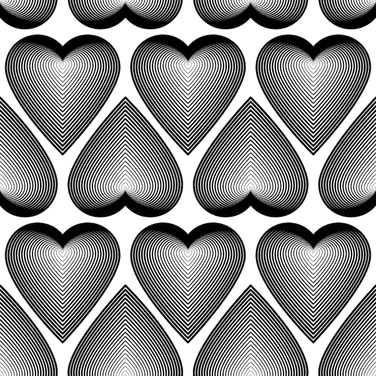 Vettore modello senza cuciture astratto illusorio in bianco e nero con figure geometriche. contesto semplice simmetrico di vettore con l'ornamento dei cuori.