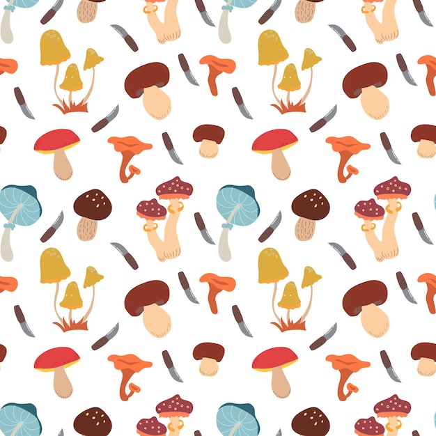 Modello senza cuciture autunnale con funghi e coltelli Illustrazione vettoriale autunnale