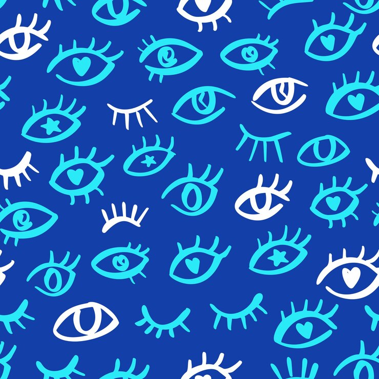 Modello senza cuciture blu occhio con aspetto doodle astratto Design in stile semplice con occhi malvagi disegnati a mano