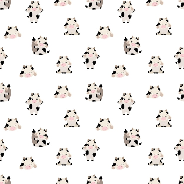 Modello senza cuciture carino toro e mucca in bianco e nero su sfondo bianco per il marchio tessile tessuto