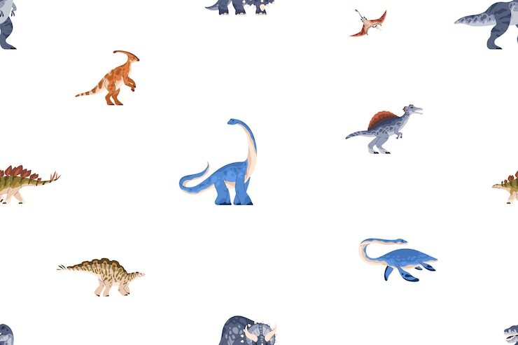 Vettore modello senza cuciture che ripete la stampa dei dinosauri estinti antichi dinosauri del periodo giurassico design di sfondo infinito illustrazione vettoriale piatta per bambini tessuto tessile carta da parati infantile avvolgimento