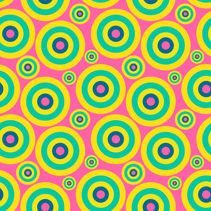 Vettore modello senza cuciture colorato con forme geometriche, anelli, cerchi. carta da imballaggio, sfondo.