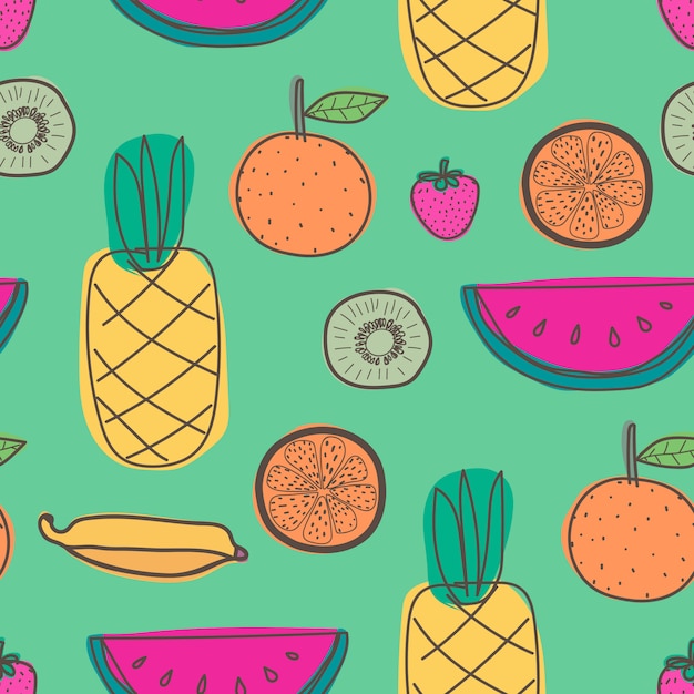 Modello senza cuciture con ananas, arancia, anguria, kiwi e frutta estiva.