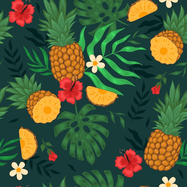 Modello senza cuciture con ananas, fiori e foglie. Grafica vettoriale.