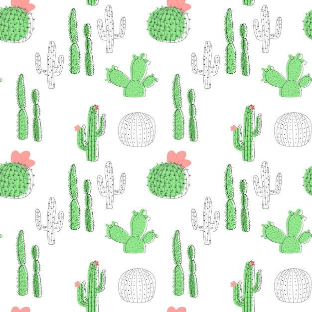 Modello senza cuciture con cactus su sfondo bianco in stile cartone animato Illustrazione vettoriale