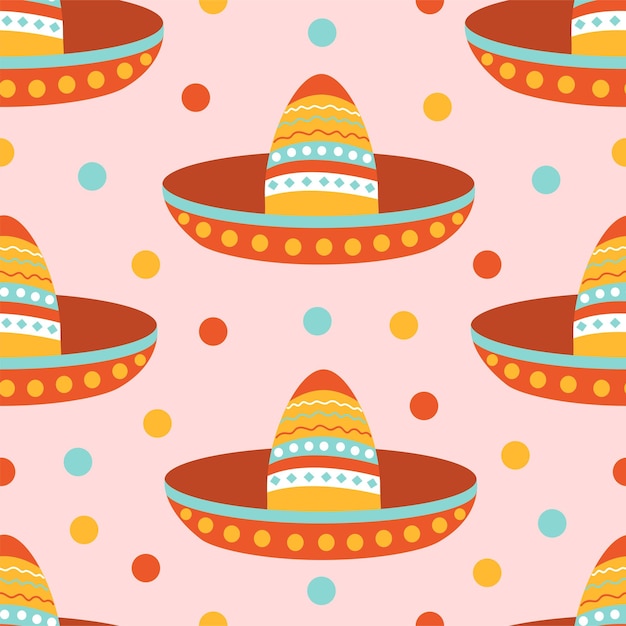 Modello senza cuciture con cappello sombrero messicano su sfondo rosa design festivo