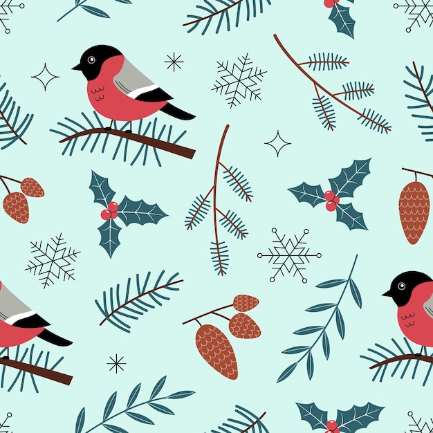Modello senza cuciture con cono di rami di uccello ciuffolotto e fogliame su sfondo verde Illustrazione vettoriale di inverno botanico in stile disegnato a mano estetico Perfetto per avvolgere il tessuto di carta da parati