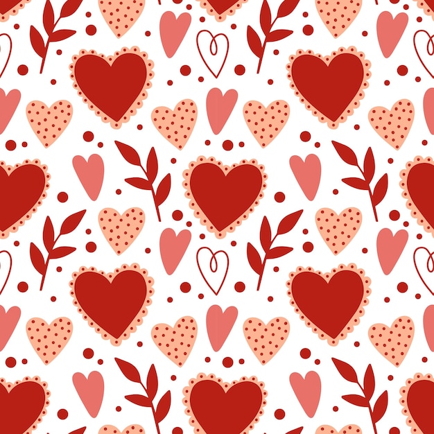 Modello senza cuciture con cuori di San Valentino, sfondo rosso vettoriale, cuori di doodle. San Valentino