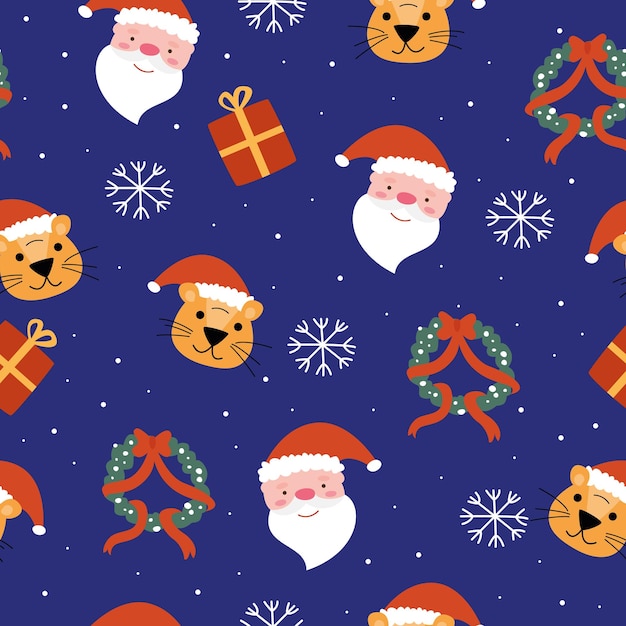 Modello senza cuciture con design tigre di Capodanno e ghirlanda di Natale su sfondo blu