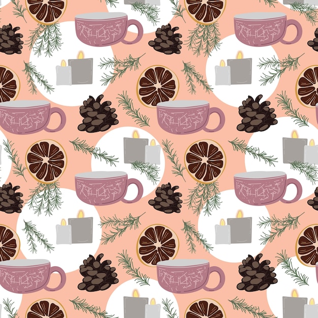 Modello senza cuciture con elementi disegnati a mano hygge Oggetti colorati per un accogliente design scandinavo Vector illustartion