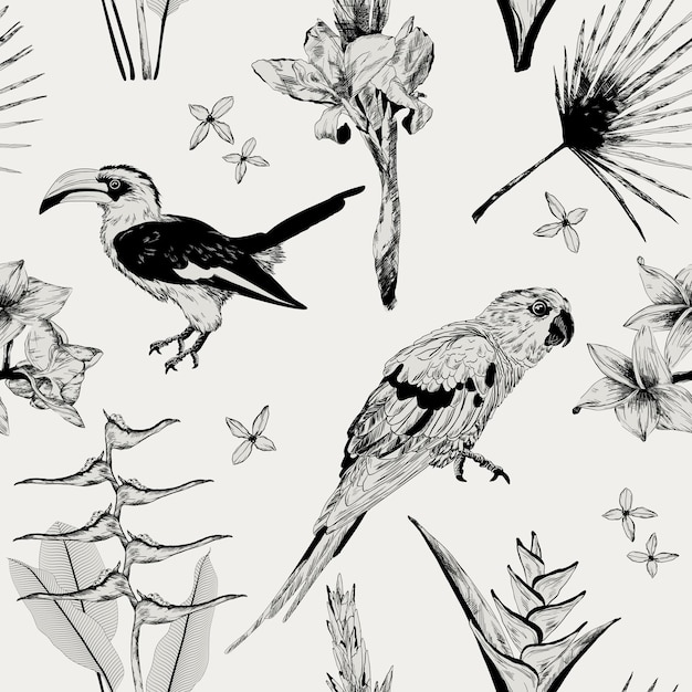 Modello senza cuciture con flora e fauna tropicali selvagge