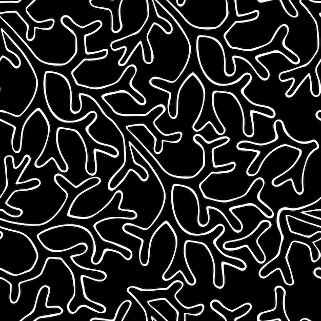 Modello senza cuciture con foglie astratte Linee bianche su sfondo nero