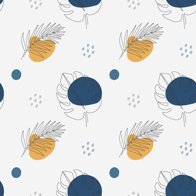 Modello senza cuciture con foglie di palma su sfondo bianco Foglia di palma con disegno a una linea continua Arte al tratto nero su sfondo bianco con macchie colorate