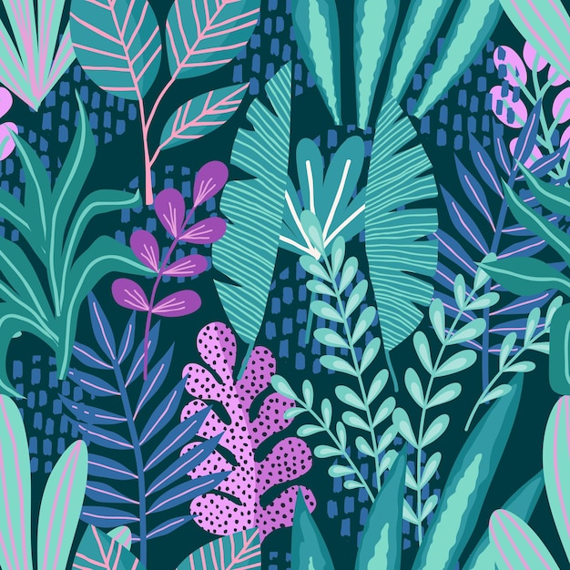 Modello senza cuciture con foglie e fiori di palma tropicale astratta. Illustrazione vettoriale.