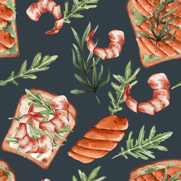 Modello senza cuciture con frutti di mare su sfondo blu Texture con panini con gamberi di pesce rossi
