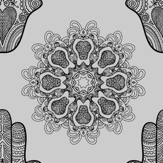 Modello senza cuciture con hamsa e mandala disegnati a mano indiani