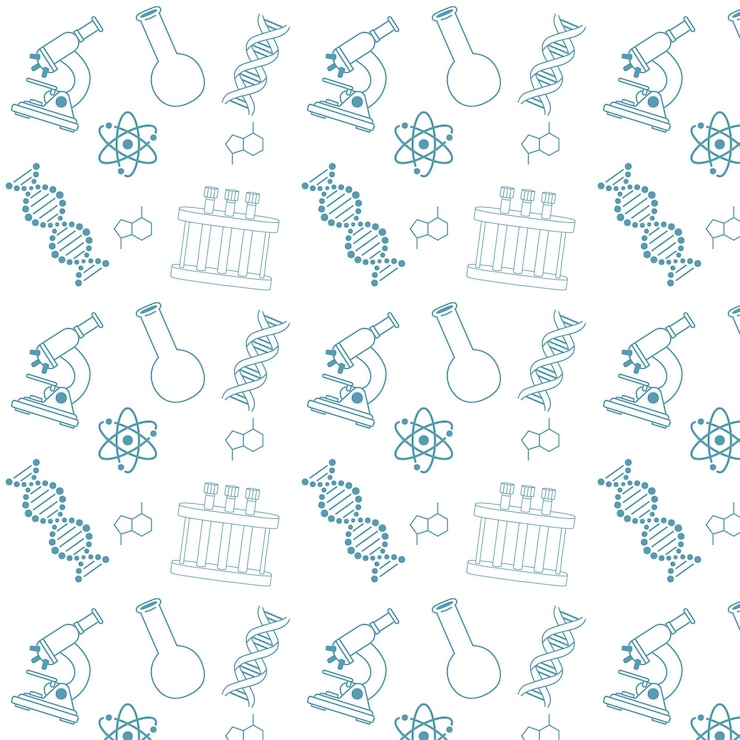 Vettore modello senza cuciture con icone scientifiche collezione di icone piatte di dna blu modello senza cucitura su bianco