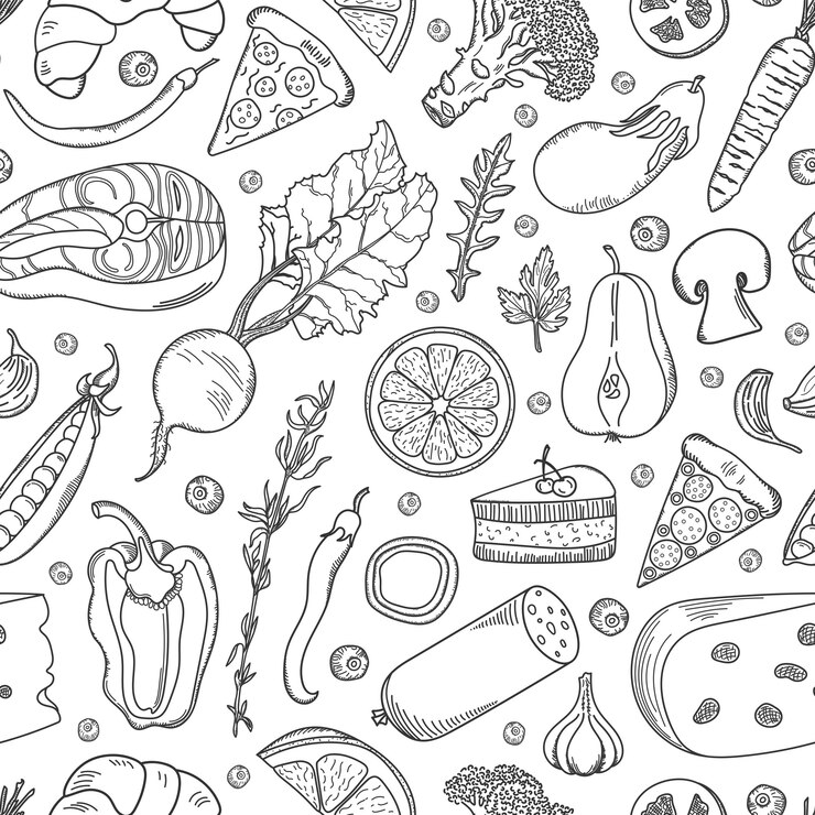 Vettore modello senza cuciture con il cibo. cibo doodle disegnato a mano