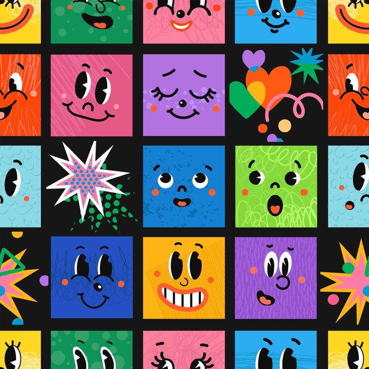 Vettore modello senza cuciture con illustrazioni di diverse emozioni del viso
