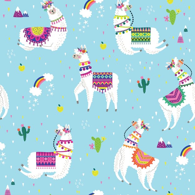 Modello senza cuciture con lama, cactus, arcobaleno ed elementi disegnati a mano.