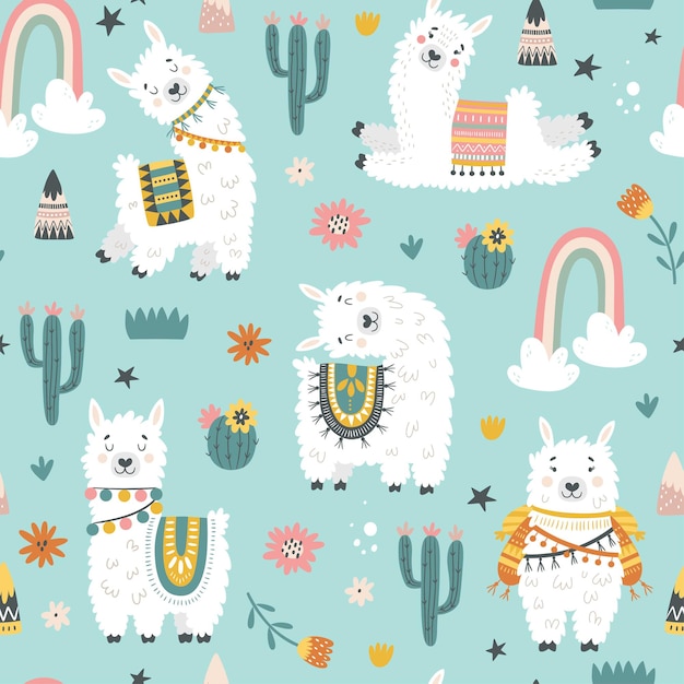 Modello senza cuciture con lama, cactus, arcobaleno ed elementi disegnati a mano.