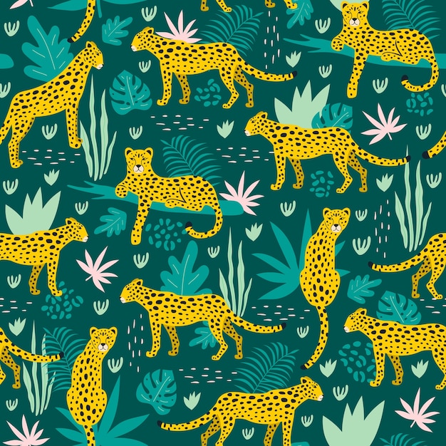 Modello senza cuciture con leopardi e foglie tropicali.