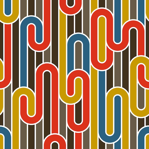 Modello senza cuciture con linee contorte, sfondo di piastrelle lineari vettoriali, tessitura a righe, labirinto ottico, strisce intrecciate. Design colorato.
