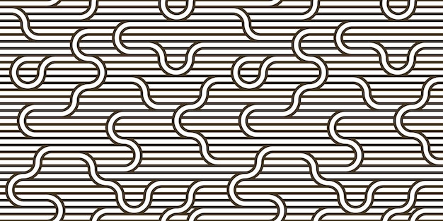 Modello senza cuciture con linee contorte, sfondo di piastrelle lineari vettoriali, tessitura a righe, labirinto ottico, strisce intrecciate.