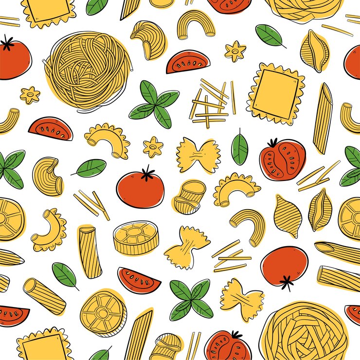 Vettore modello senza cuciture con pasta italiana per carta da imballaggio o tessuto per l'imballaggio del menu