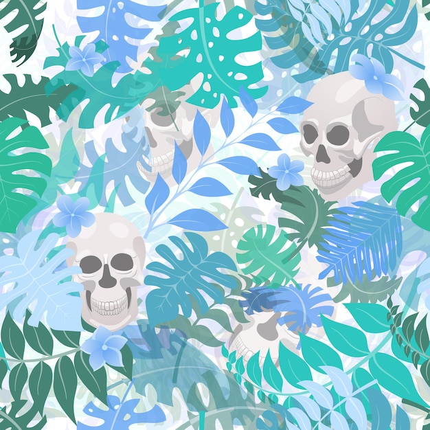 Modello senza cuciture con piante esotiche della giungla e teschi umani Foglie di palma tropicali e fiori Illustrazione per la festa messicana Giorno dei morti Dia de los Muertos multicolore su sfondo bianco