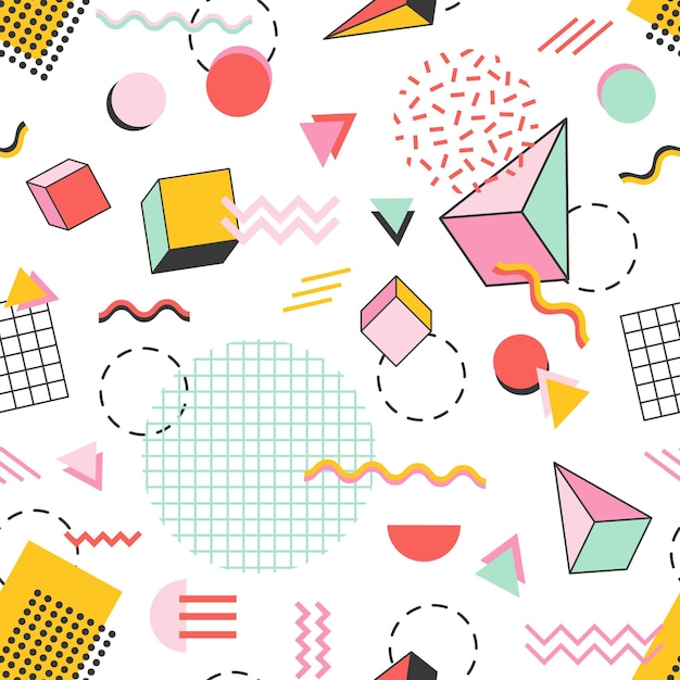 Modello senza cuciture con piramidi, cubi, cerchi, altre forme geometriche e linee a zigzag su bianco