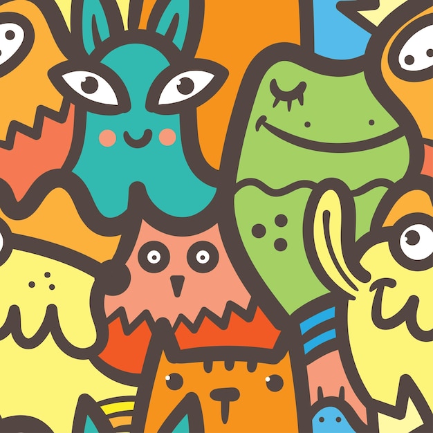 Modello senza cuciture con simpatiche creature dei cartoni animati su sfondo colorato Stampa di animali divertenti del fumetto Poster del mostro di Doodle