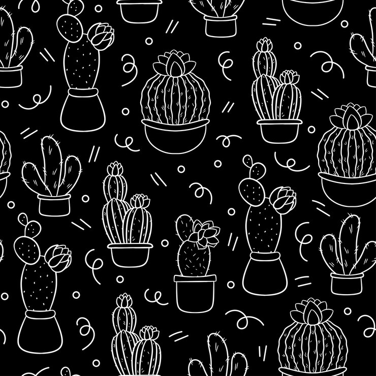 Modello senza cuciture con simpatici cactus disegnati a mano su sfondo nero