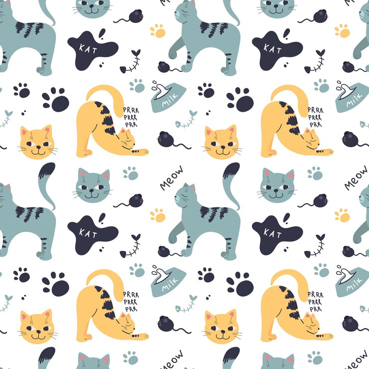 Modello senza cuciture con simpatici gatti da compagnia in diverse pose. Personaggi caratteristici. Grafica vettoriale.